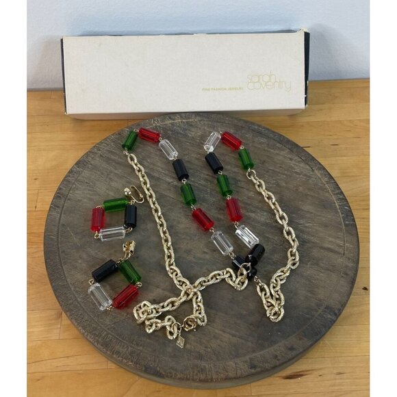 Vintage Sarah Coventry Colorful Beaded Necklace Clip-On Earrings Set Christmas - Picture 2 of 12